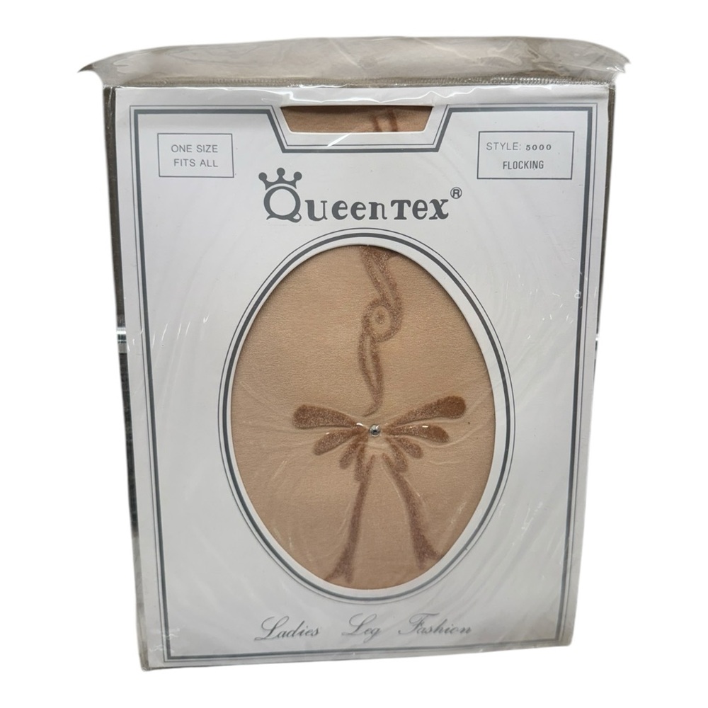Vintage Queentex Flocking with Rhinestone Pantyhose Style 5000 OS sheer to waist